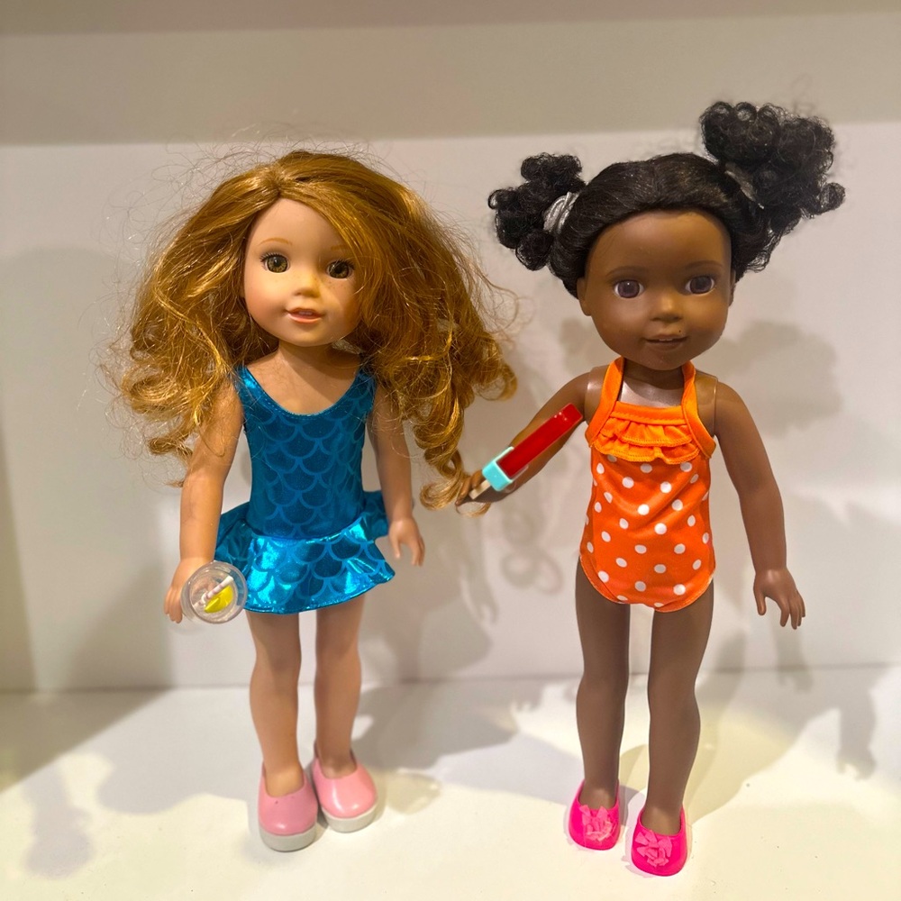 14.5 inch doll mermaid skirt print and orange polka dot print swimsuits